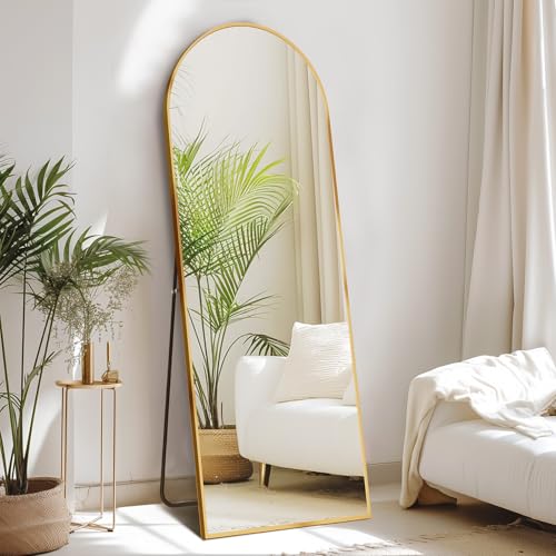 Sweetcrispy 64"x21" Arched Full Length Mirror, Standing or Leaning Full Body Mirror With Aluminum Alloy Thin Frame, Suitable for Bedroom or Cloakroom,gold