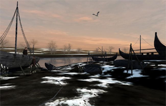 A scene from the virtual reality experience showing vikings repairing their boats at the camp.