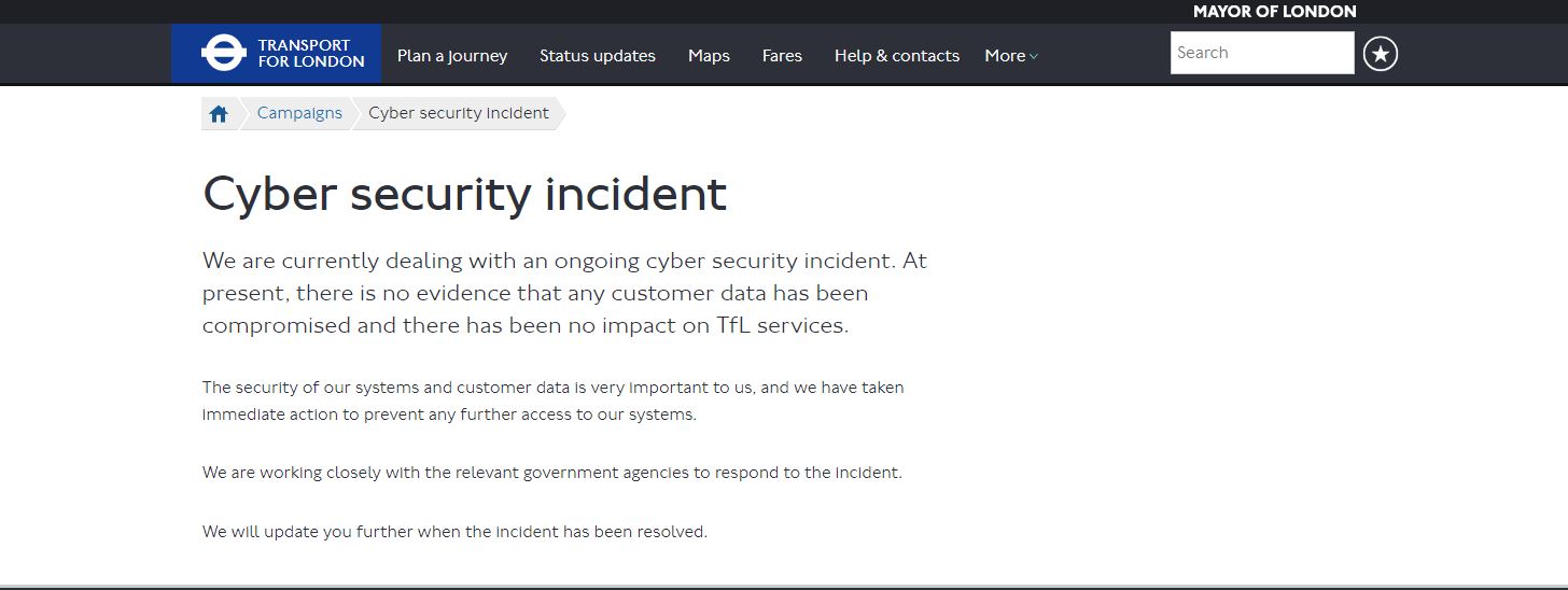 The Transport for London web page disclosing the attack.