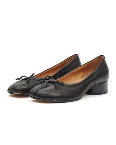 Kokomomo Black Bow Split Toe Ballet Heels for Women Japanese Tabi Shoes Cylindrical Low Heels Pumps Chunky Block Heel Office Wedding Party Dress Shoes 1.2 Inch,size 8