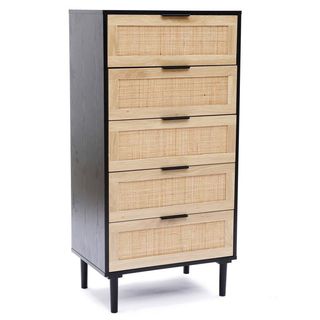 A slim rattan drawer chest that's a part of Kelly Clarkson's furniture collection.