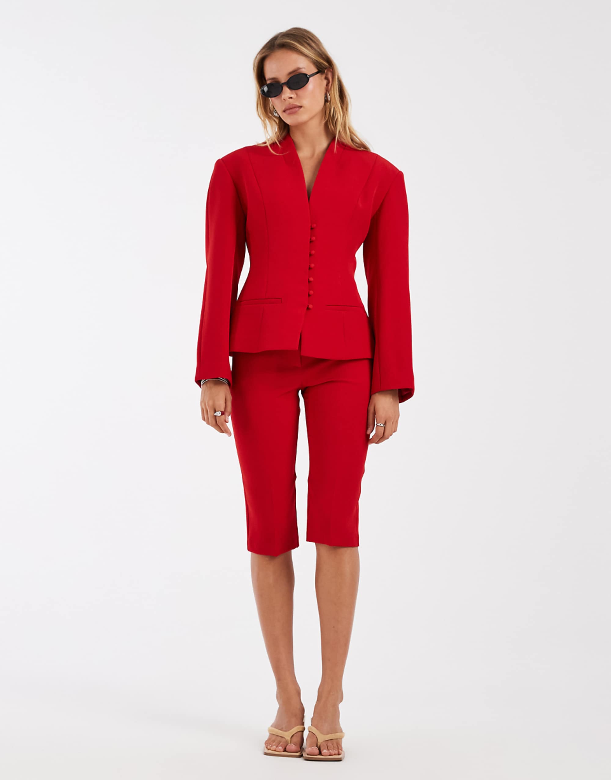 Asos Design Tailored Button Detail Capri Trousers in Red