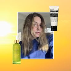 a beauty image on a sunset background with a portrait in the center of a girl with light brown hair, a green cleanser bottle on the left, and a tube of exfoliating facial treatment on the right