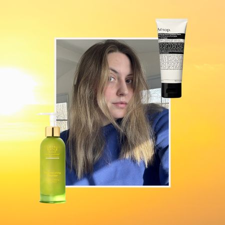 a beauty image on a sunset background with a portrait in the center of a girl with light brown hair, a green cleanser bottle on the left, and a tube of exfoliating facial treatment on the right
