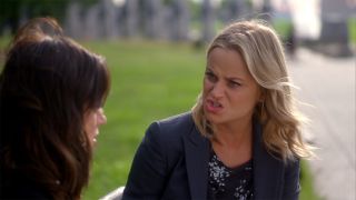 Leslie Knope (Amy Poehler) yells at April Ludgate (Aubrey Plaza) in Parks and Recreation