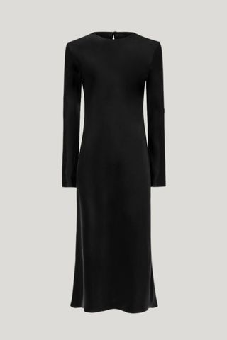 black silk midi dress with sleeves, wedding guest outfits