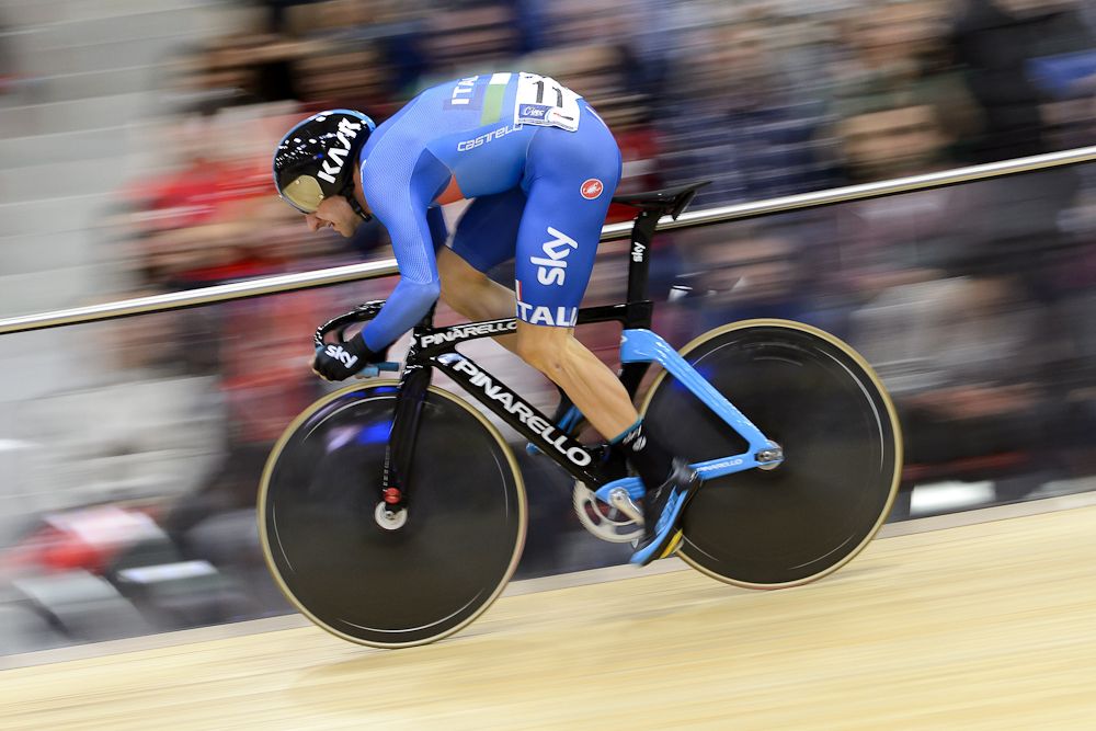 Italy's Elia Viviani rides to win the Men's Omnium Flying Lap race at the Track Elite European Championships