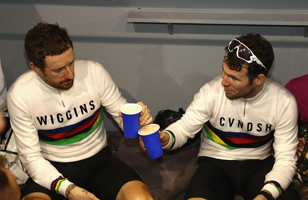 Wiggins and Cavendish celebrate their win