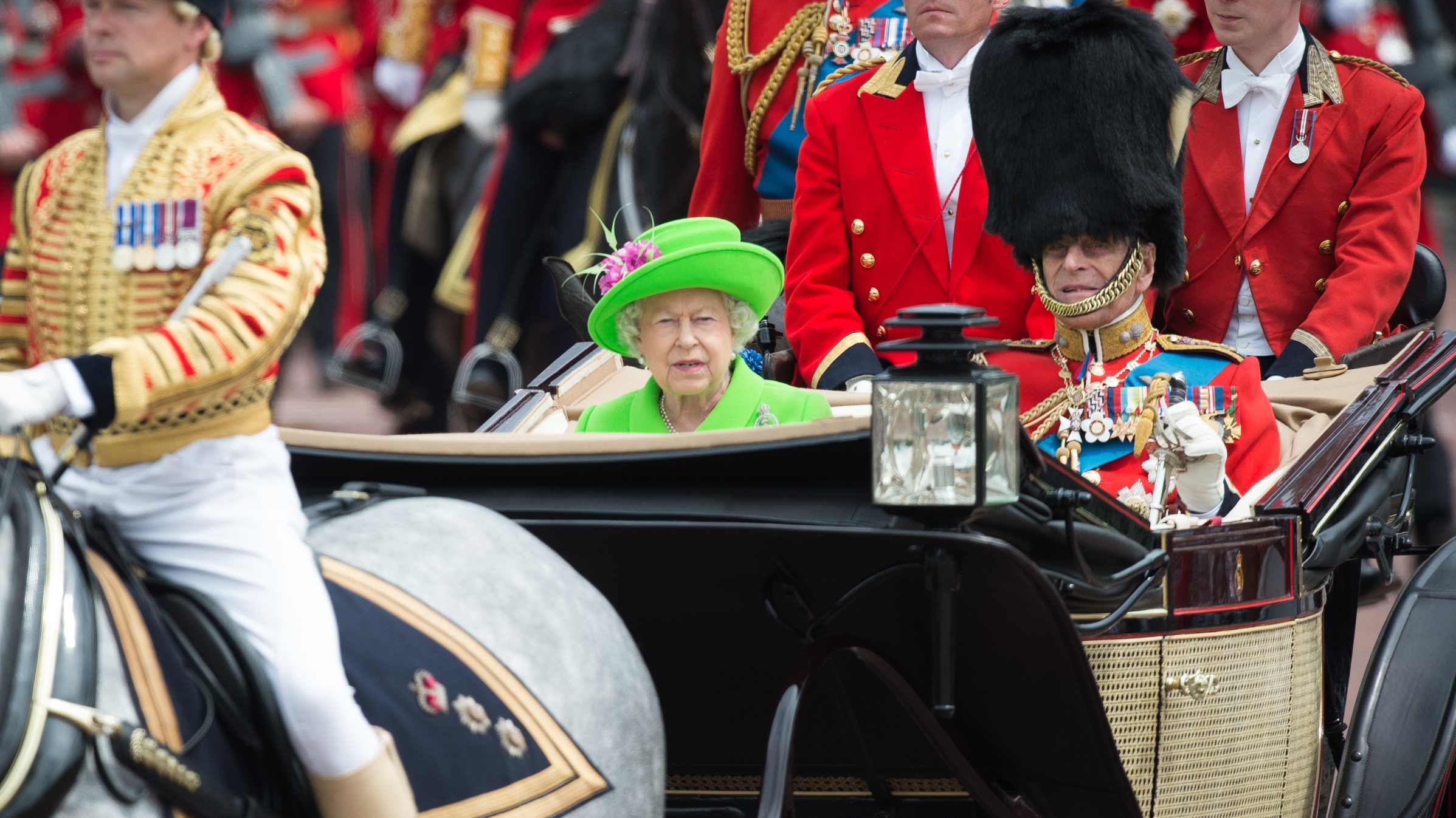 Queen Elizabeth II and Prince Philip, Duke of Edinburgh ride by carriage during the Trooping the Colour 2016