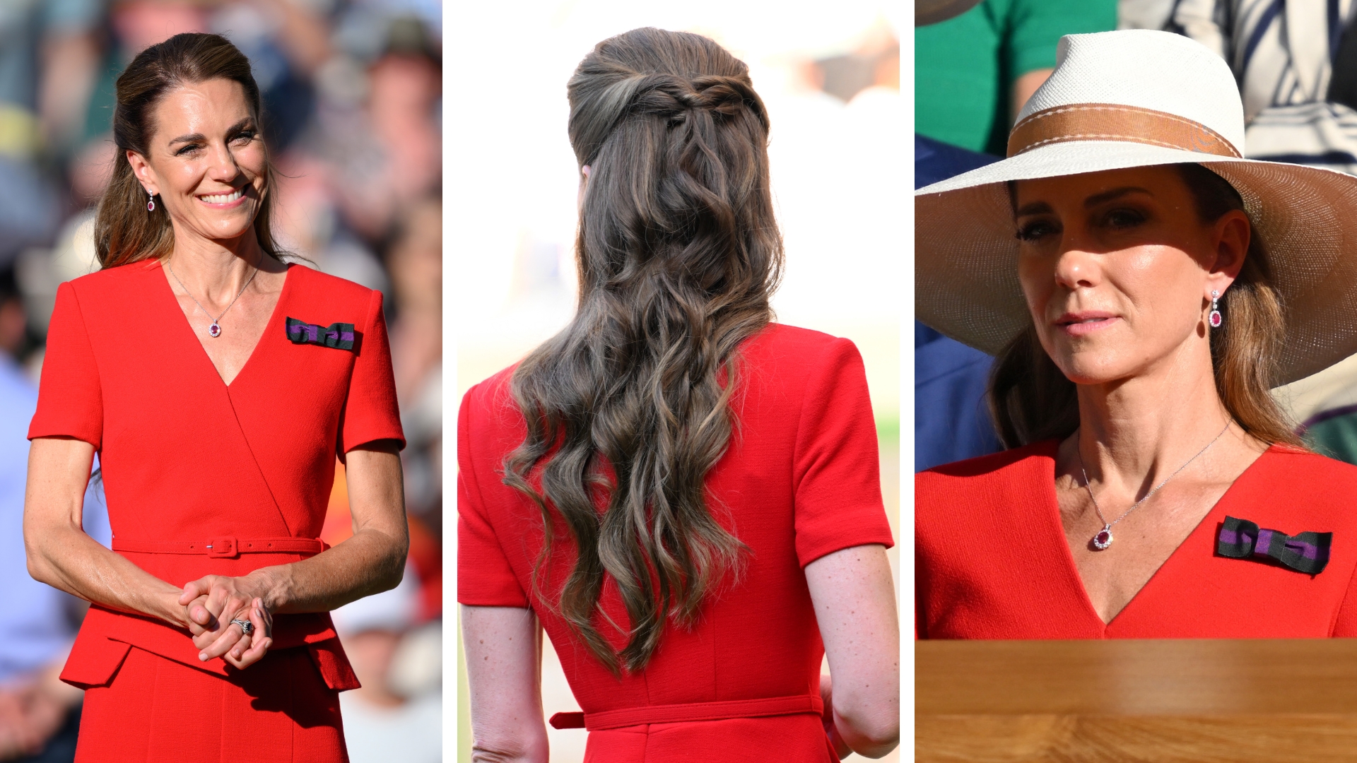 On the left, Catherine, Princess of Wales, is pictured wearing red and with her hair up in a half-up, half-down style whilst standing on Centre Court to present The Venus Rosewater Dish to the 2026 Wimbledon ladies' champion, Linda Noskova, during day thirteen of the 2026 Wimbledon Tennis Championships at All England Lawn Tennis and Croquet Club on July 11, 2026, in London, England. In the middle is a picture of the back of her hair, to show her half-up, half-down hair in more detail and on the right, is a picture of Princess Catherine wearing a sun hat on the same day.