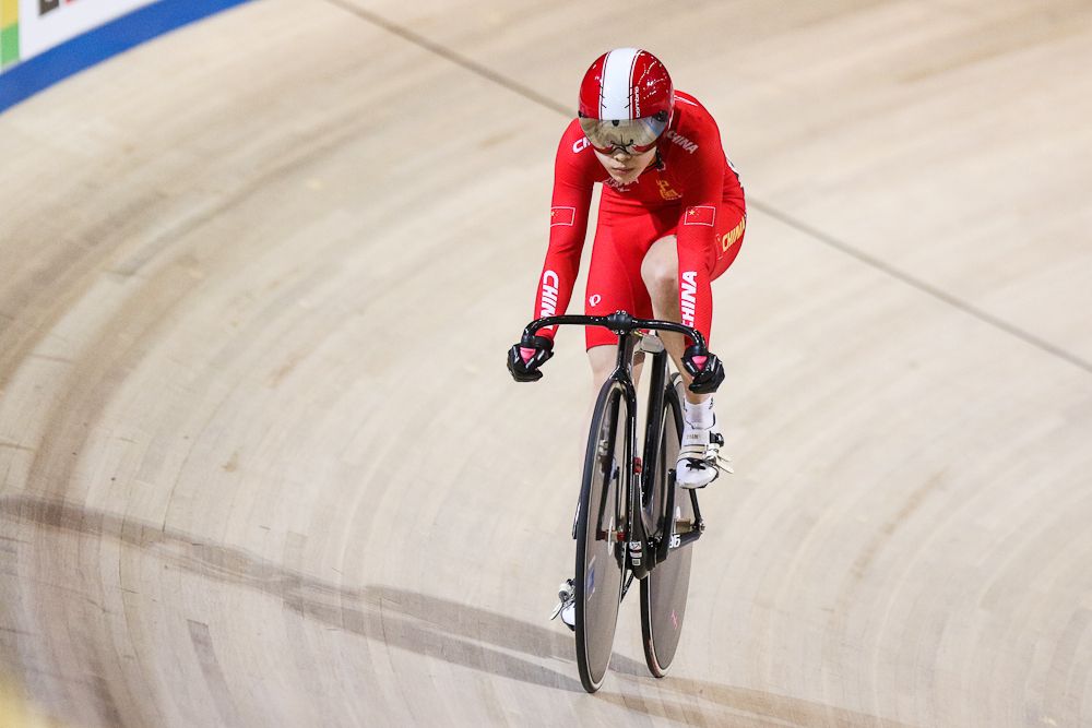 Yufang Guo of China takes part in a qualifying round for the women's sprint during the UCI Track Cycling World Championships
