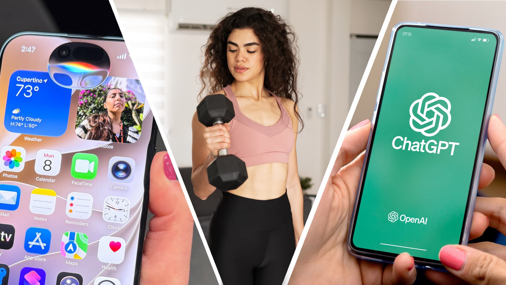A person lifting weights, with smartphones running Siri AI and ChatGPT on either side.