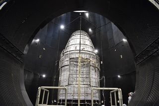 China's next-generation space capsule for astronauts is seen during preparations for its first uncrewed test launch in May 2020.