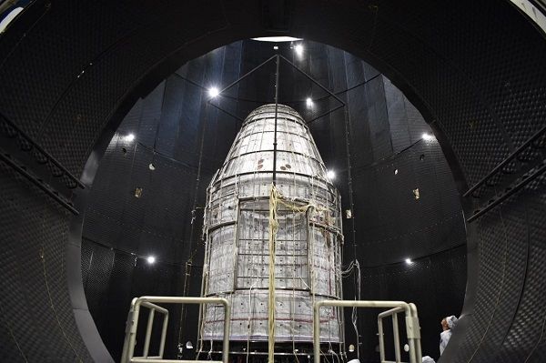 China's next-generation space capsule for astronauts is seen during preparations for its first uncrewed test launch in May 2020.