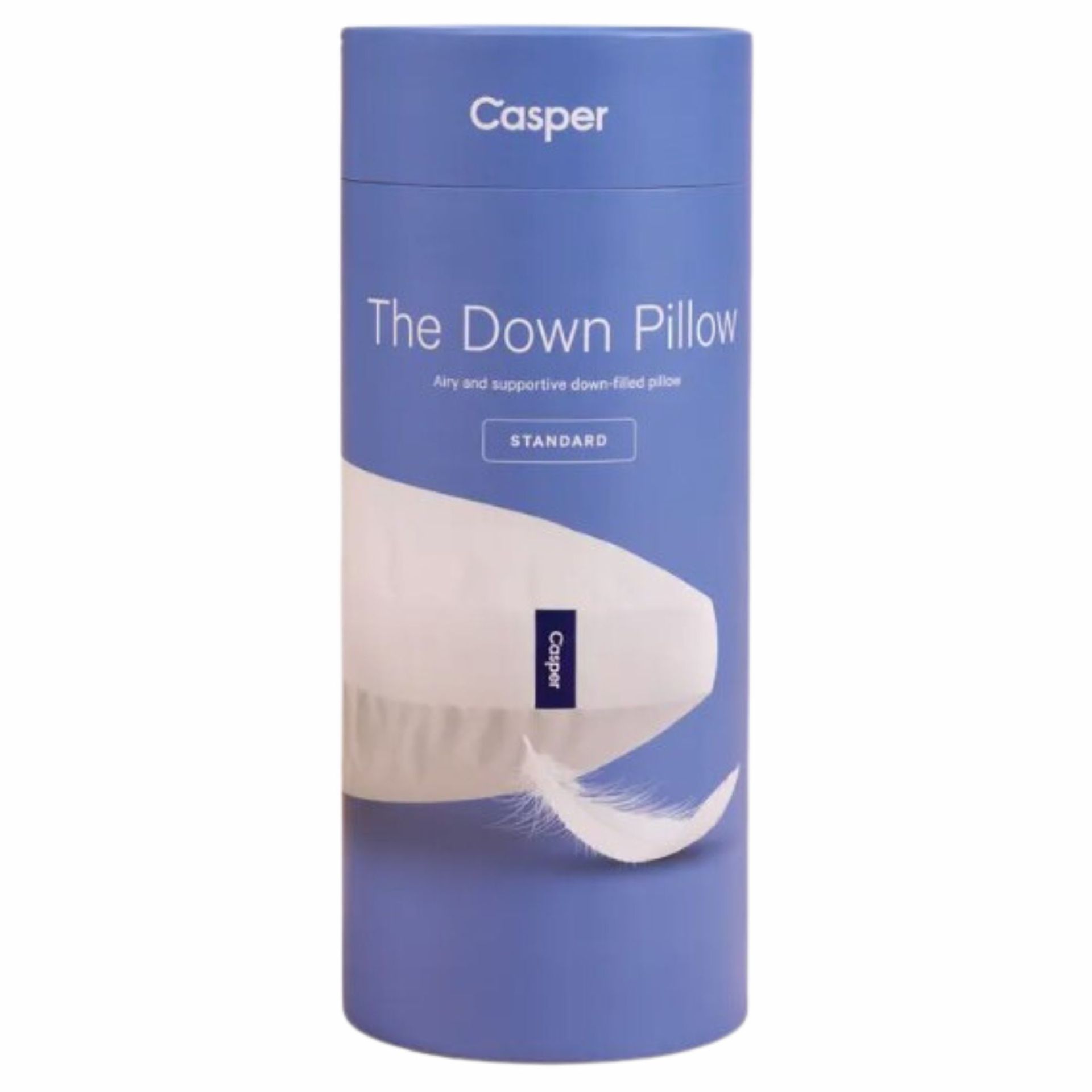 Kotak pajangan ungu dengan bantal Casper di dalamnya dengan latar belakang putih