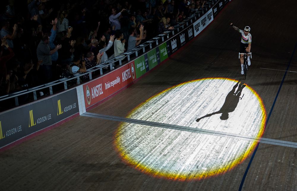 Bradley Wiggins of Great Britain celebrates winning the 60 lap Derny during the Six Day London