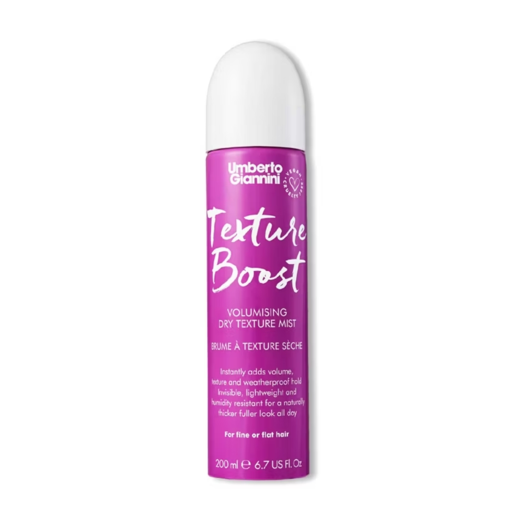 A product shot of the Umberto Giannini Texture Boost mist, on a white background