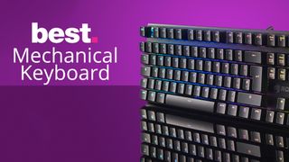 A mechanical keyboard against a purple background with the words best mechanical keyboard