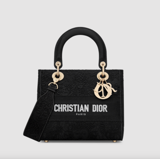 a black Dior bag in front of a plain backdrop