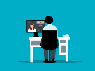 A cartoon of a person sitting at a desk facing a computer screen with people communicating via video chat. 