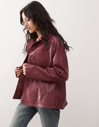 Reclaimed Vintage 90s Distressed Faux Leather Blazer Coat in Burgundy