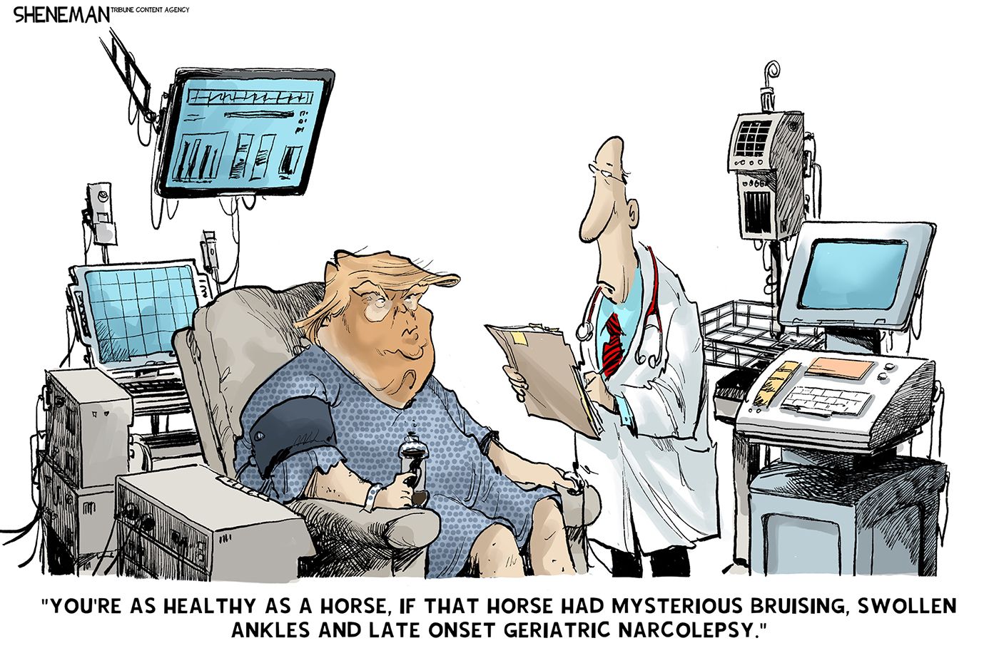 
                                Donald Trump wears a medical gown and sits in a chair at a doctor’s office. He’s surrounded by medical equipment and speaks to a male doctor with a clipboard. The doctor says, “You’re as healthy as a horse, if that horse had mysterious bruising, swollen ankles and late onset geriatric narcolepsy.”
                            