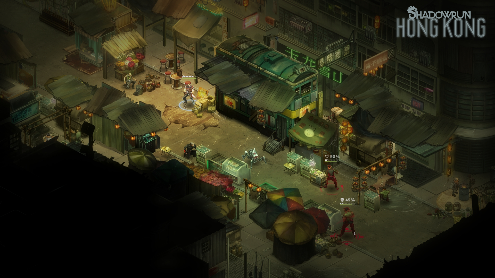 A screenshot from Shadowrun Hong Kong depicting a battle scene on a busy market street.