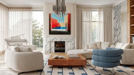 blue BIBENDUM chair in a white living room with marble fireplace, two white curved sofas, white-and-blue patterned rug, colorful artwork over fireplace and silver pendant light