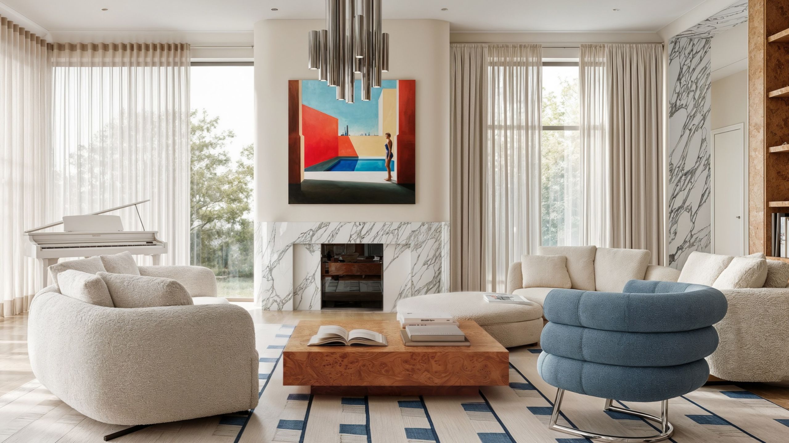 blue BIBENDUM chair in a white living room with marble fireplace, two white curved sofas, white-and-blue patterned rug, colorful artwork over fireplace and silver pendant light