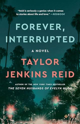 'Forever, Interrupted' book cover with a road at night lit by street lights and palm trees in the distance