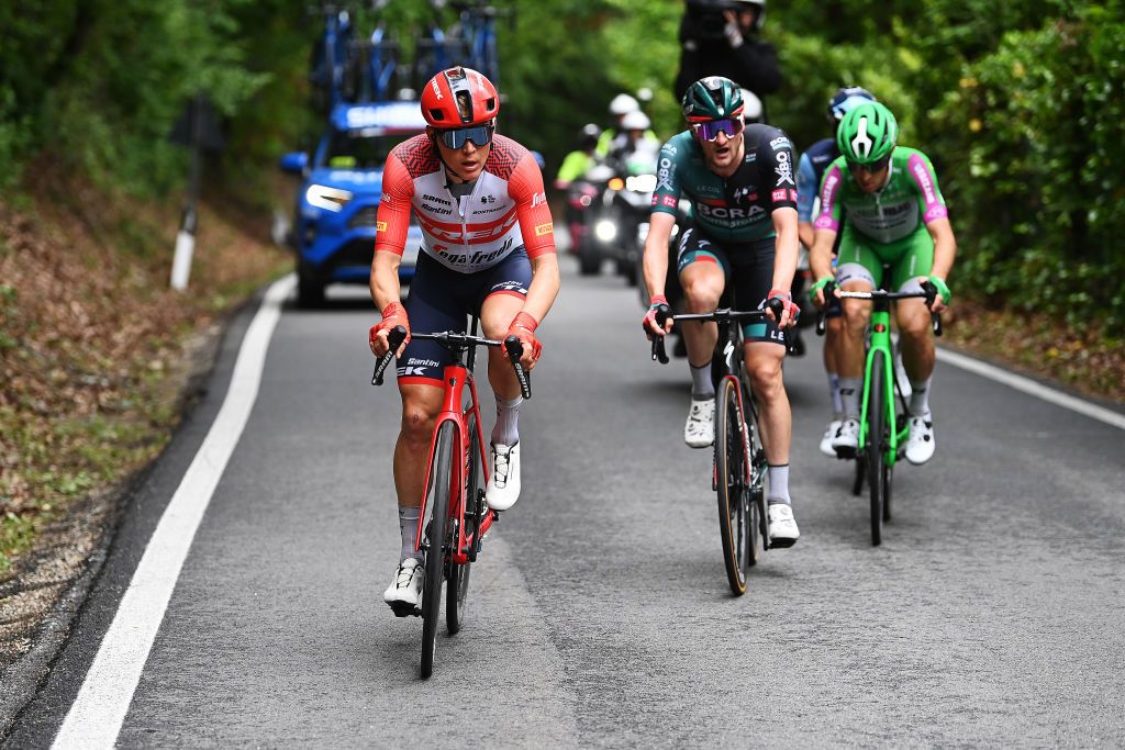 Toms Skujinš (Trek-Segafredo) leads the breakaway up the Colle Braida late on stage 12 of the Giro d&#039;Italia