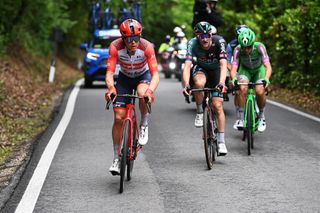 Toms Skujinš (Trek-Segafredo) leads the breakaway up the Colle Braida late on stage 12 of the Giro d'Italia