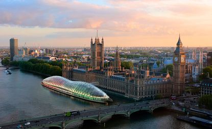 Preview of the temporary UK Parliament building that&#039;s on the river and connected to the current parliament building. We see the rest of London in the distance.