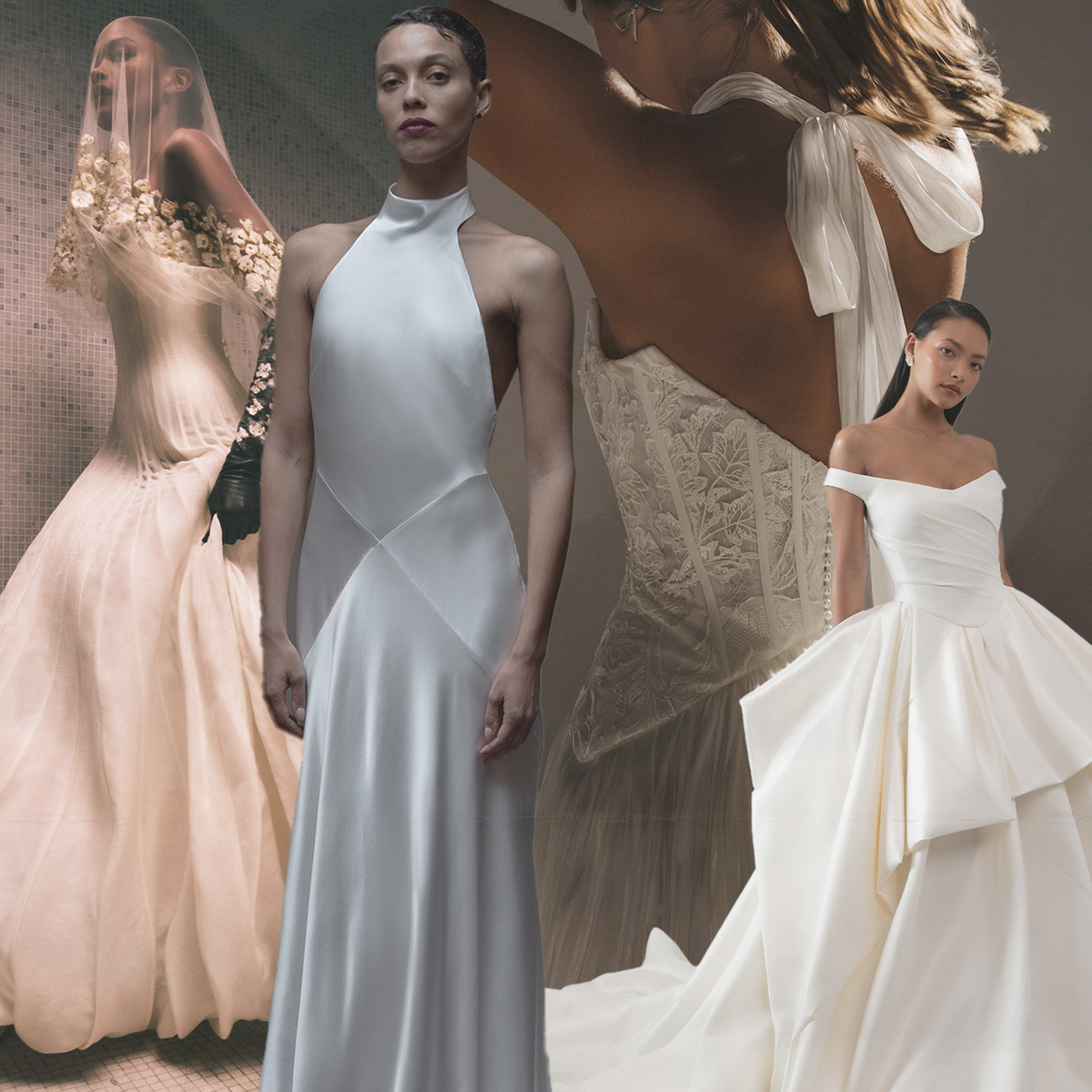 Photo collage of woman wearing bridal dresses