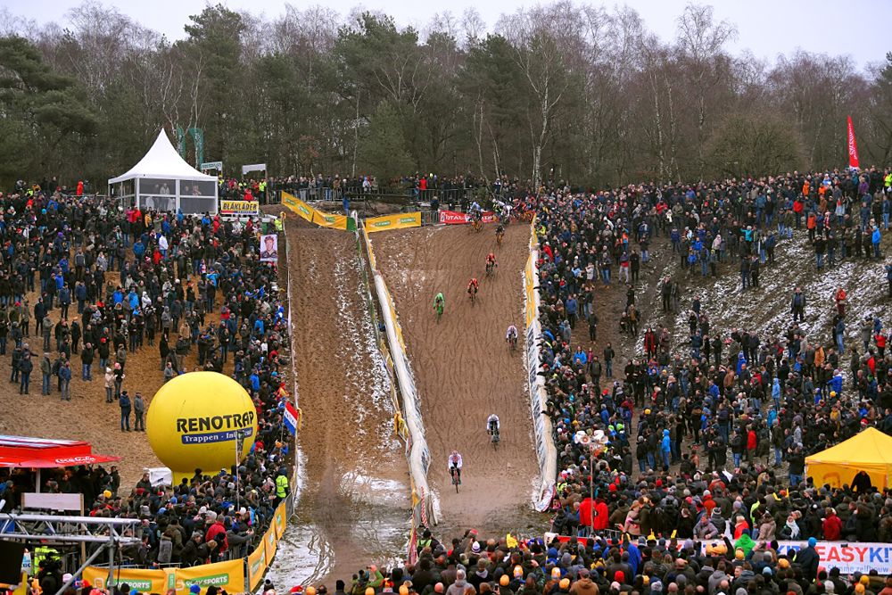 The elite men racing along the sandy Superprestige Zonhoven course