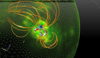 Model of the solar magnetic field in the region where a major flare occurred on Dec. 13, 2006. The model shows that a magnetic flux rope (gray) is maintained in equilibrium by overlaying "arcades" (orange).
