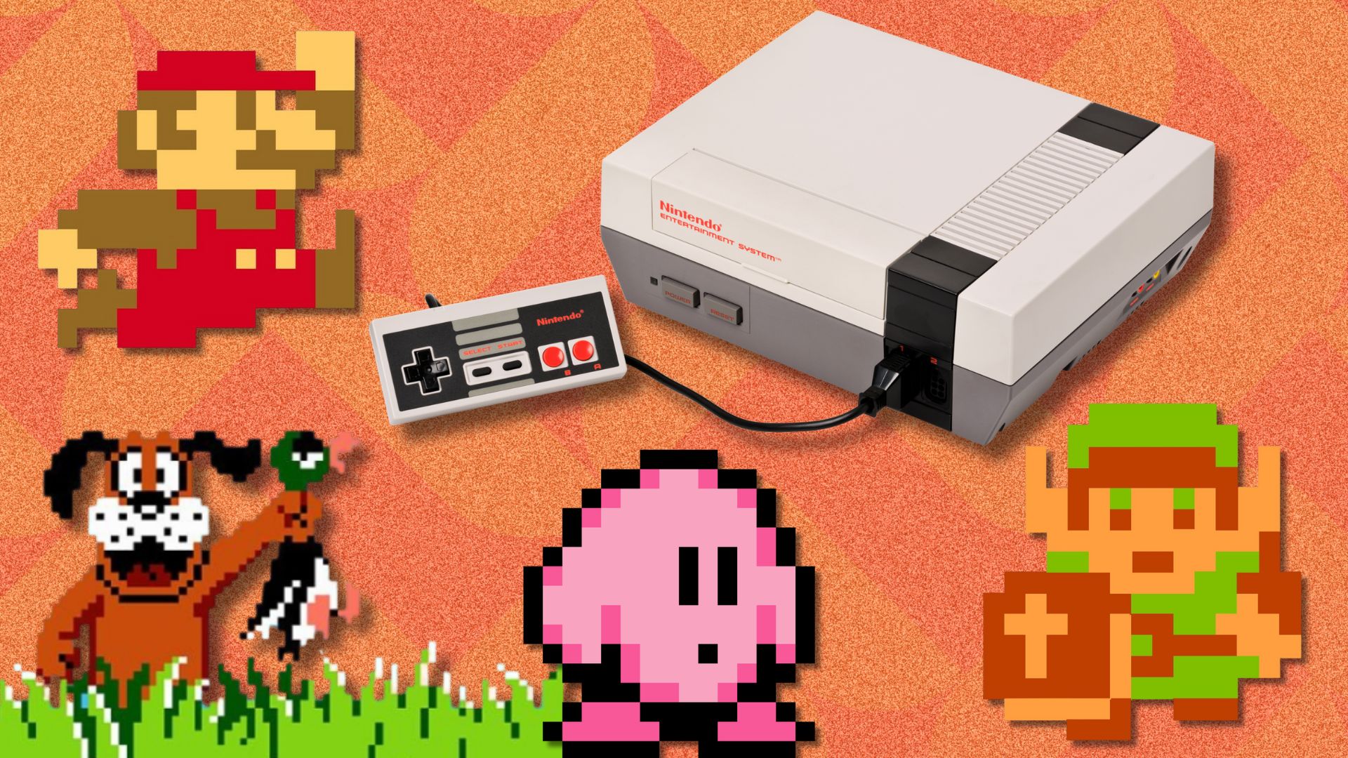 A selection of NES gaming sprites alongside the Nintendo Entertainment System