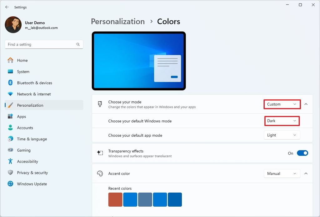 Custom color mode for Windows 11