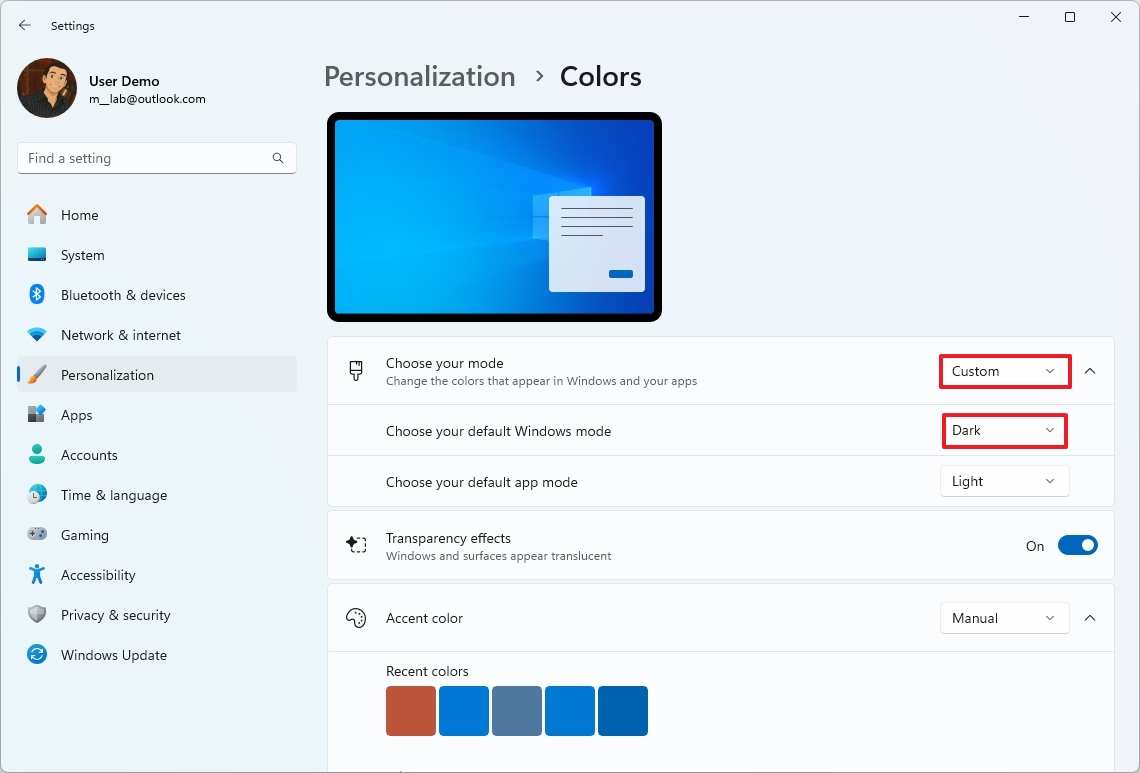 Custom color mode for Windows 11