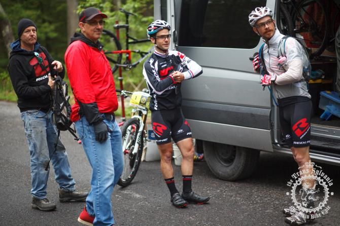 Justin Lindine and Matt Acker prepare for the Stage 5 of the Trans-Sylvania Epic