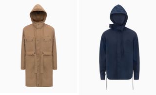 Two images Left- Beige parka style coat, Right- Blue hooded coat