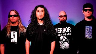 Slayer, eff Hanneman,Tom Araya, Kerry King, Dave Lombardo - posed, studio, group shot 