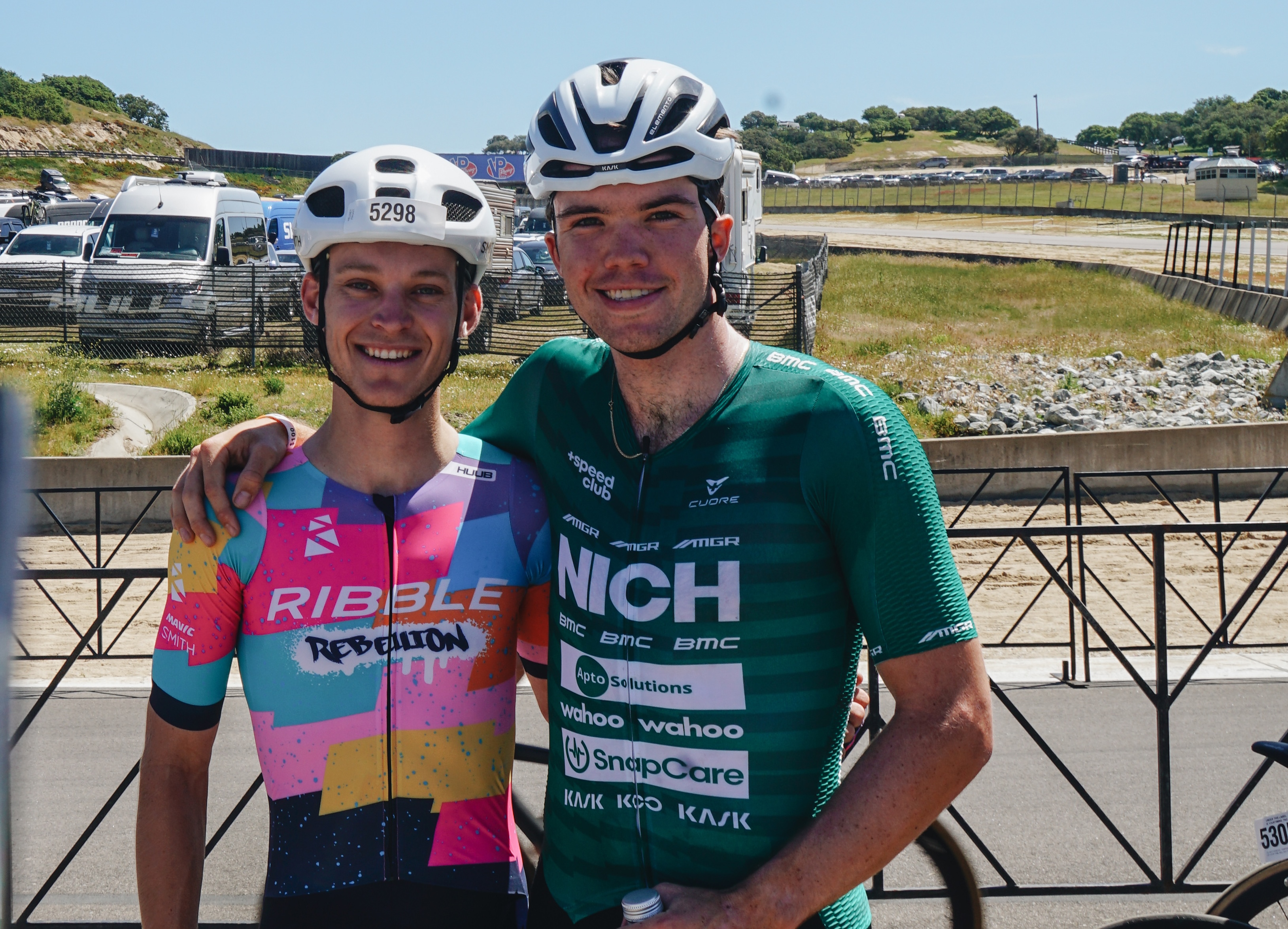 Former Hagens Berman Axeon teammates Cole Davis (left) and Michael Garrison (right) finished first and second, respectively, at the 2024 Sea Otter Circuit Race
