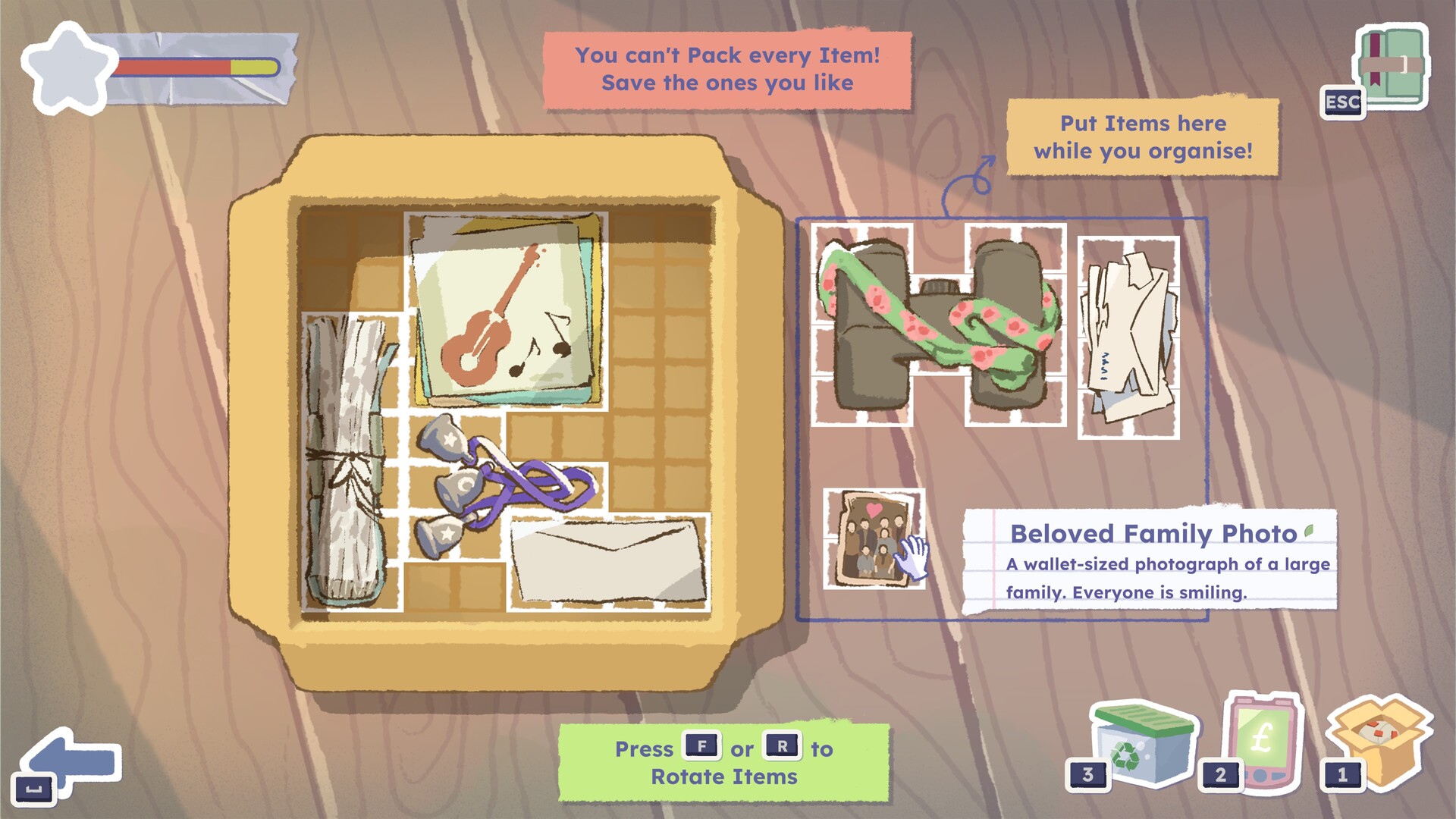 In A Storied Life: Tabitha, a puzzle sees you organize and place belongings in a box to try and fit them all in