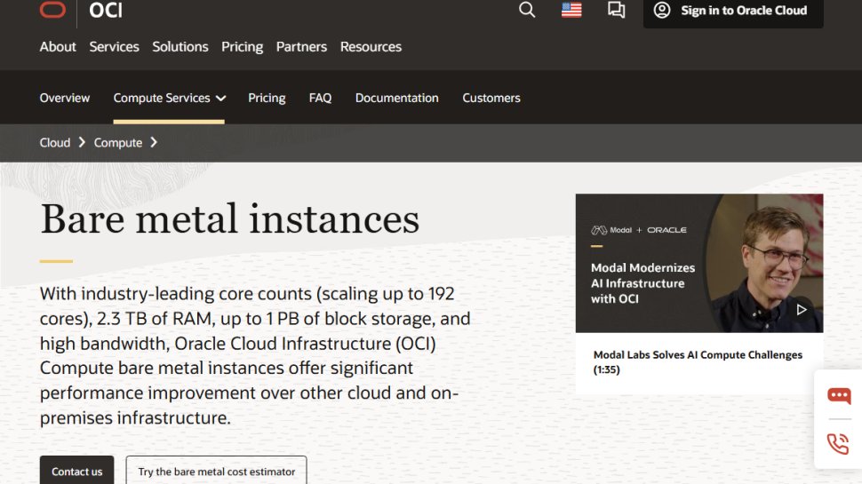 Website screenshot of Oracle Bare Metal Instance (August, 2025)