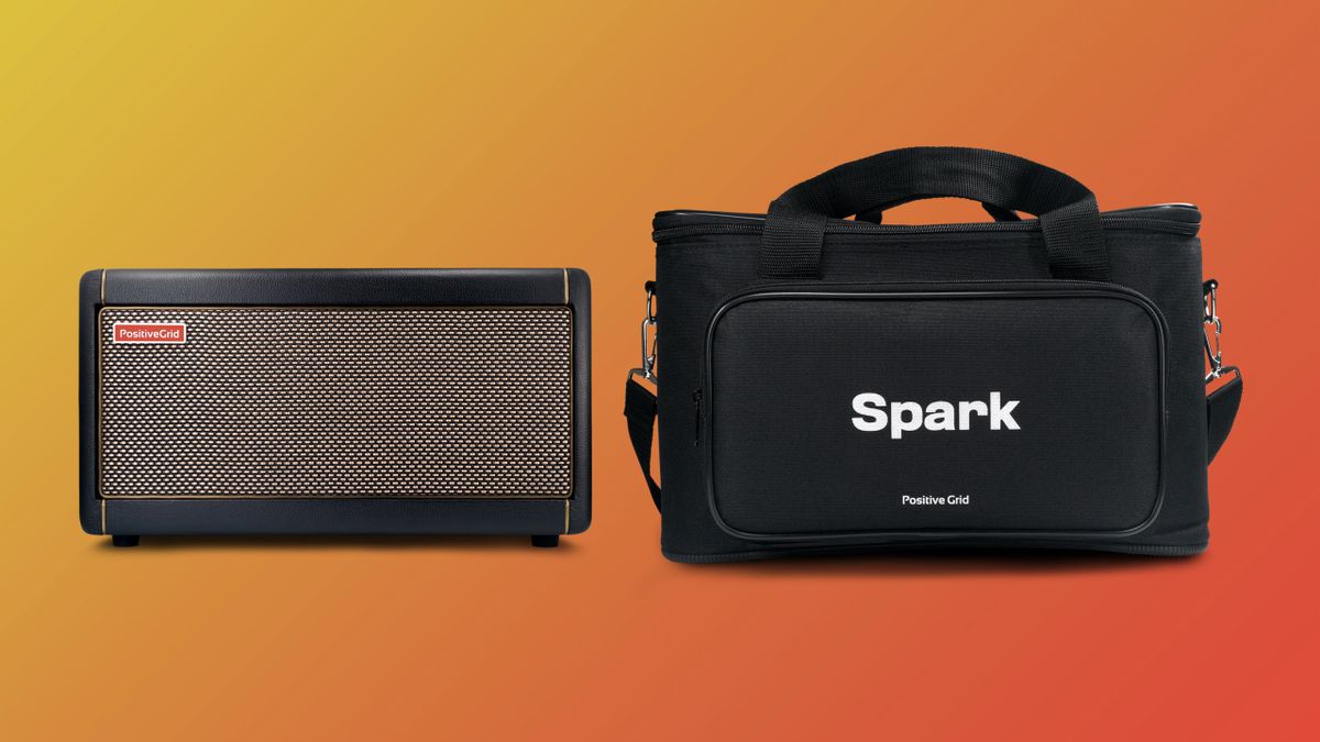 Positive Grid Spark smart amp and bag on orange background