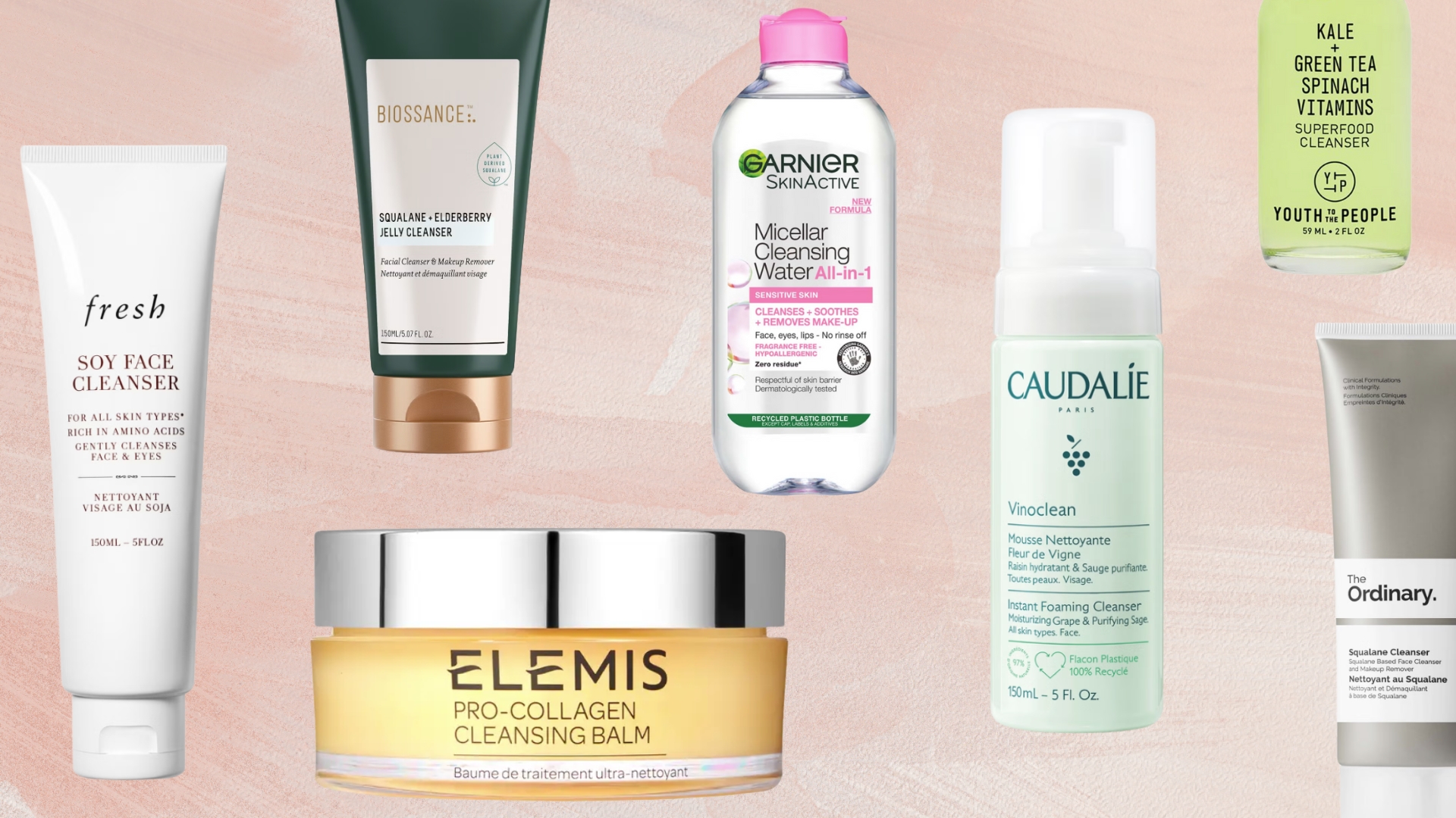 A selection of the best cleansers from brands including Fresh, Biossance, Elemis, Garnier, Caudalie, Youth To The People and The Ordinary, a pink watercolour paint-style template