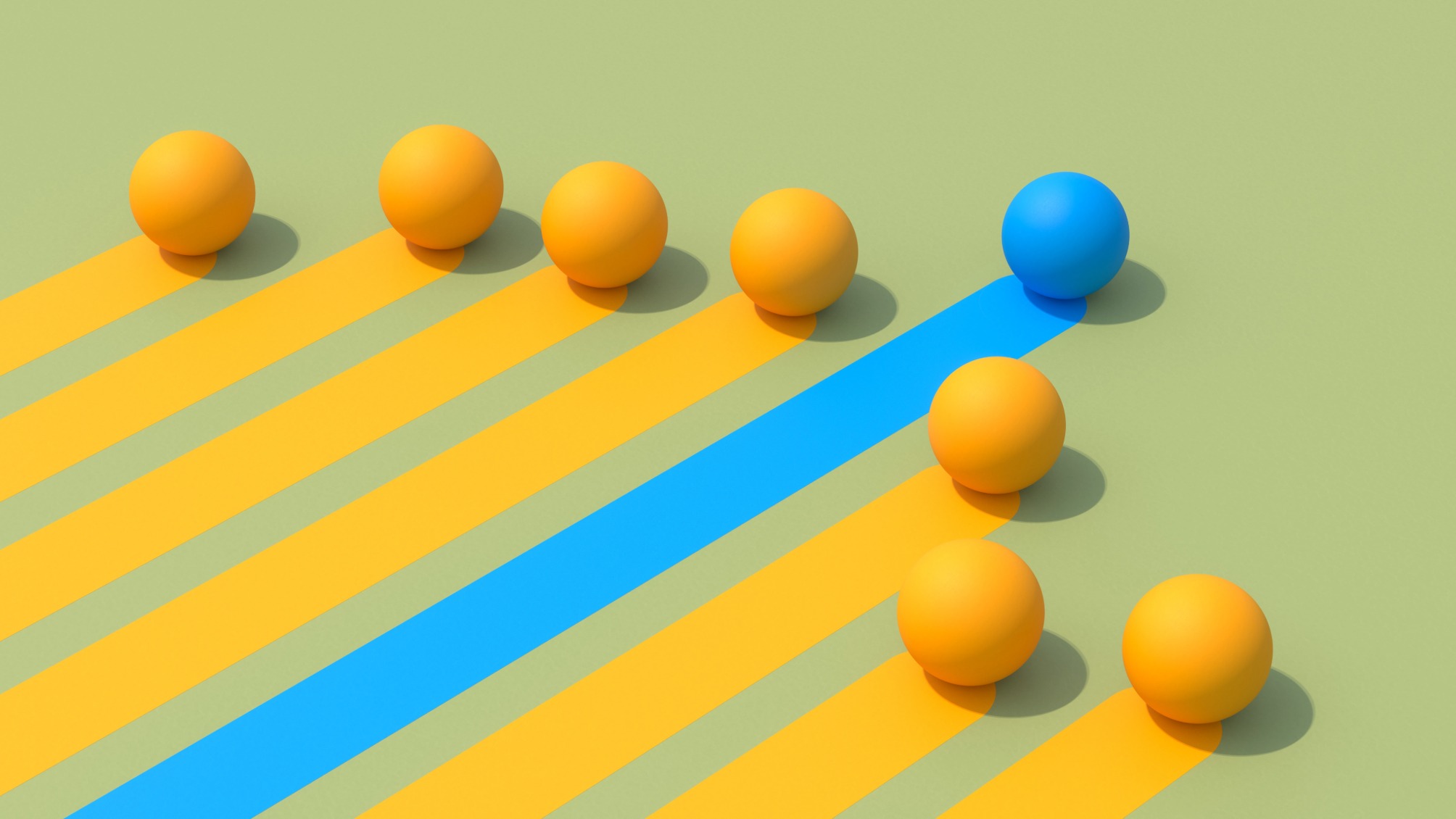 Winning streak represented by a vibrant blue sphere racing ahead of yellow spheres on a green background