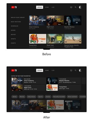 YouTube TV's redesigned Library tab, old and new