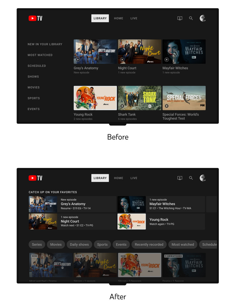 La pestaña Biblioteca rediseñada de YouTube TV, antigua y nueva